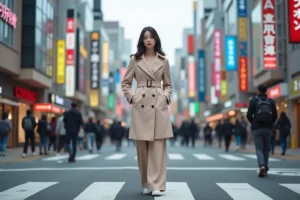 Femme élégante en trench pastel à Tokyo