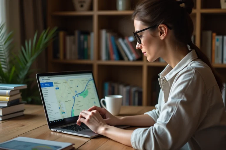 Femme planifiant un itinéraire de voyage sur ViaMichelin depuis son bureau à domicile