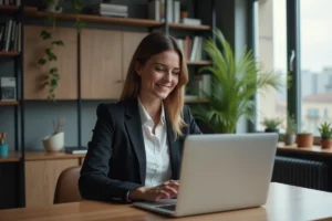 Femme professionnelle consultant des offres d'emploi en ligne sur un ordinateur portable dans un bureau moderne