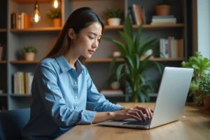 Femme en bureau recherchant un prénom sur son ordinateur