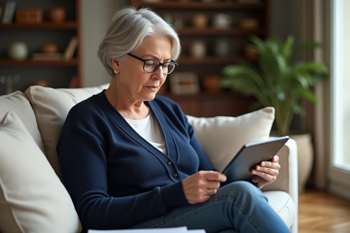 Femme âgée utilisant une tablette pour activer une alerte de disponibilité sur Doctolib dans son salon