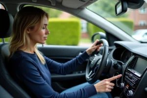 Jeune femme utilisant le tableau de bord de la voiture