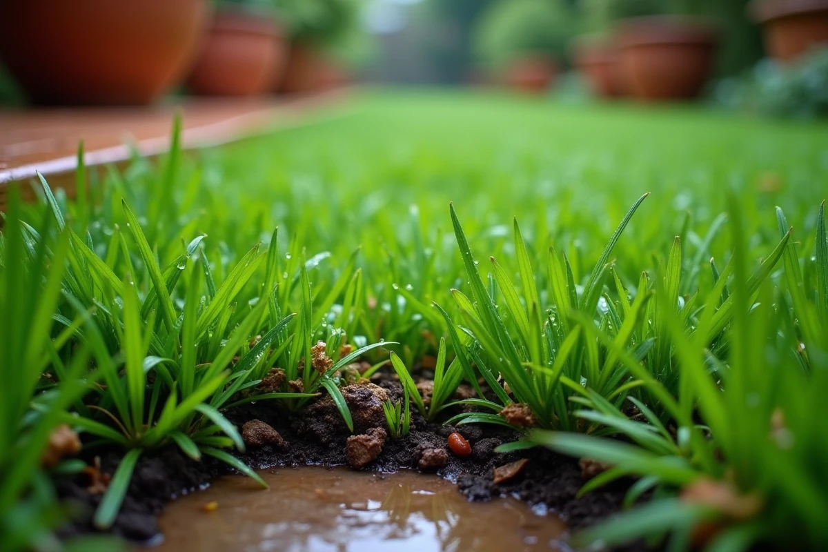 Gros plan sur des brins d'herbe couverts de gouttes de pluie sur une pelouse détrempée après une averse
