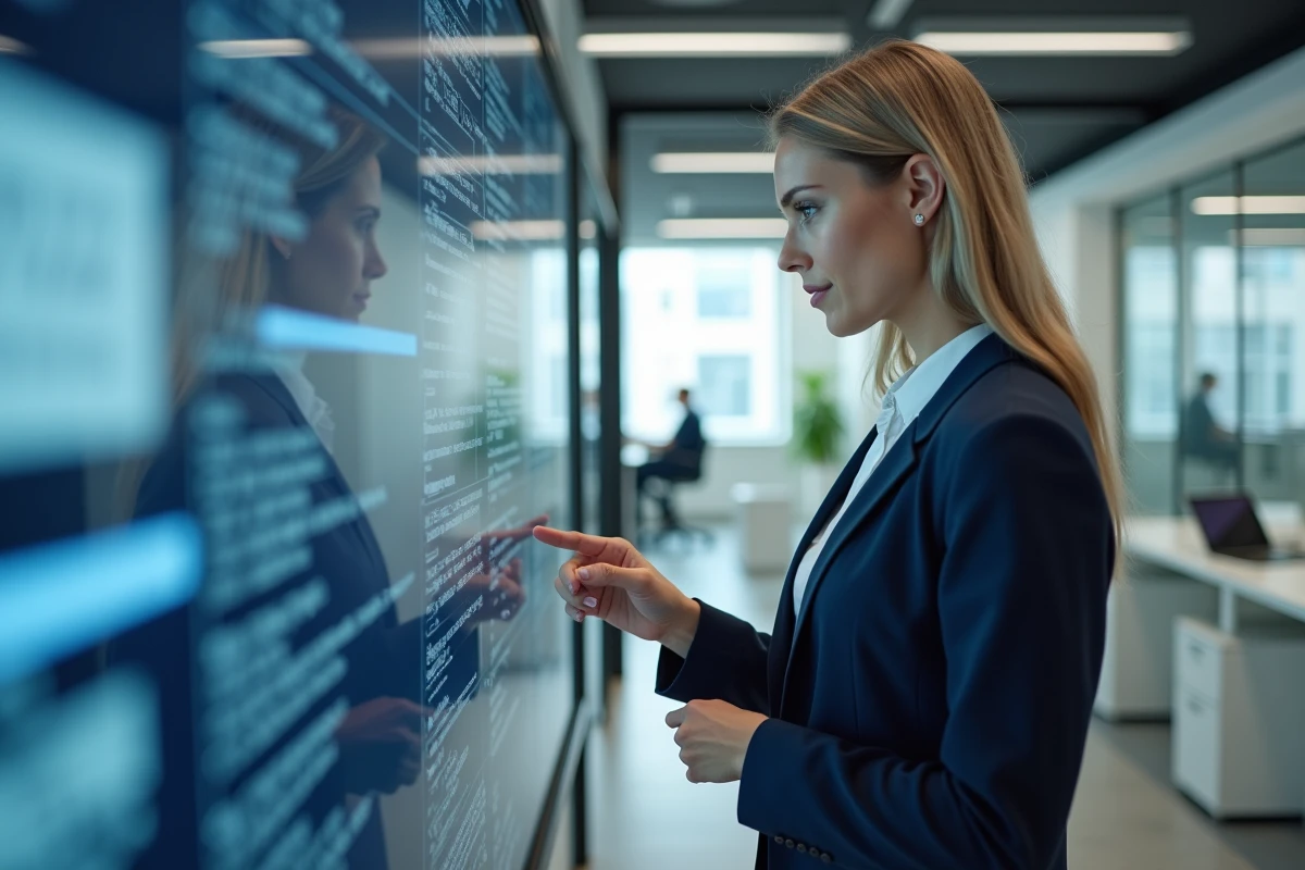 Professionnelle utilisant une solution de gestion documentaire numérique arkévia sur un écran tactile en entreprise