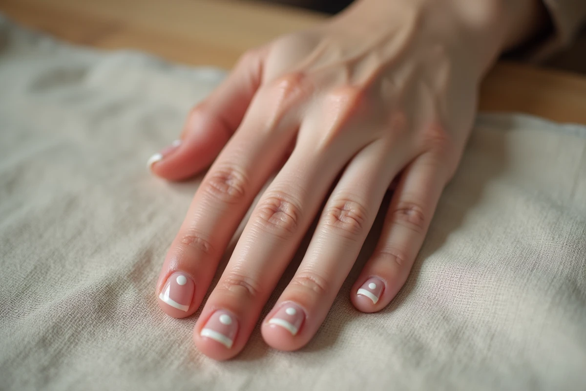 Gros plan d'une main féminine aux ongles présentant des taches blanches visibles après le retrait du vernis à ongles