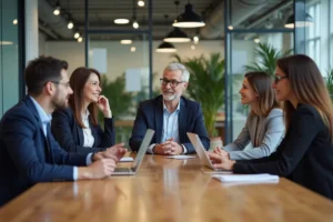 Groupe de professionnels en réunion dans un bureau moderne