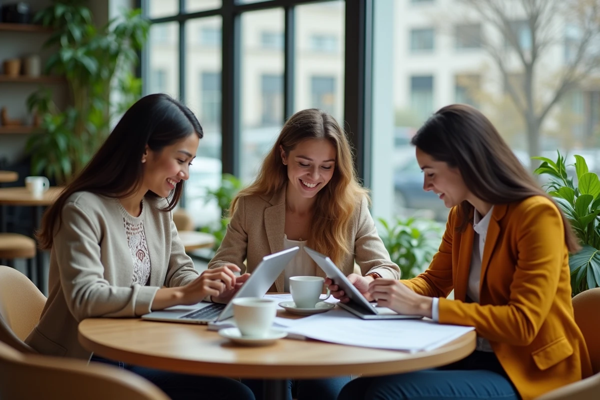 Groupe de jeunes professionnels collaborant autour d'offres d'emploi et de CV dans un café moderne