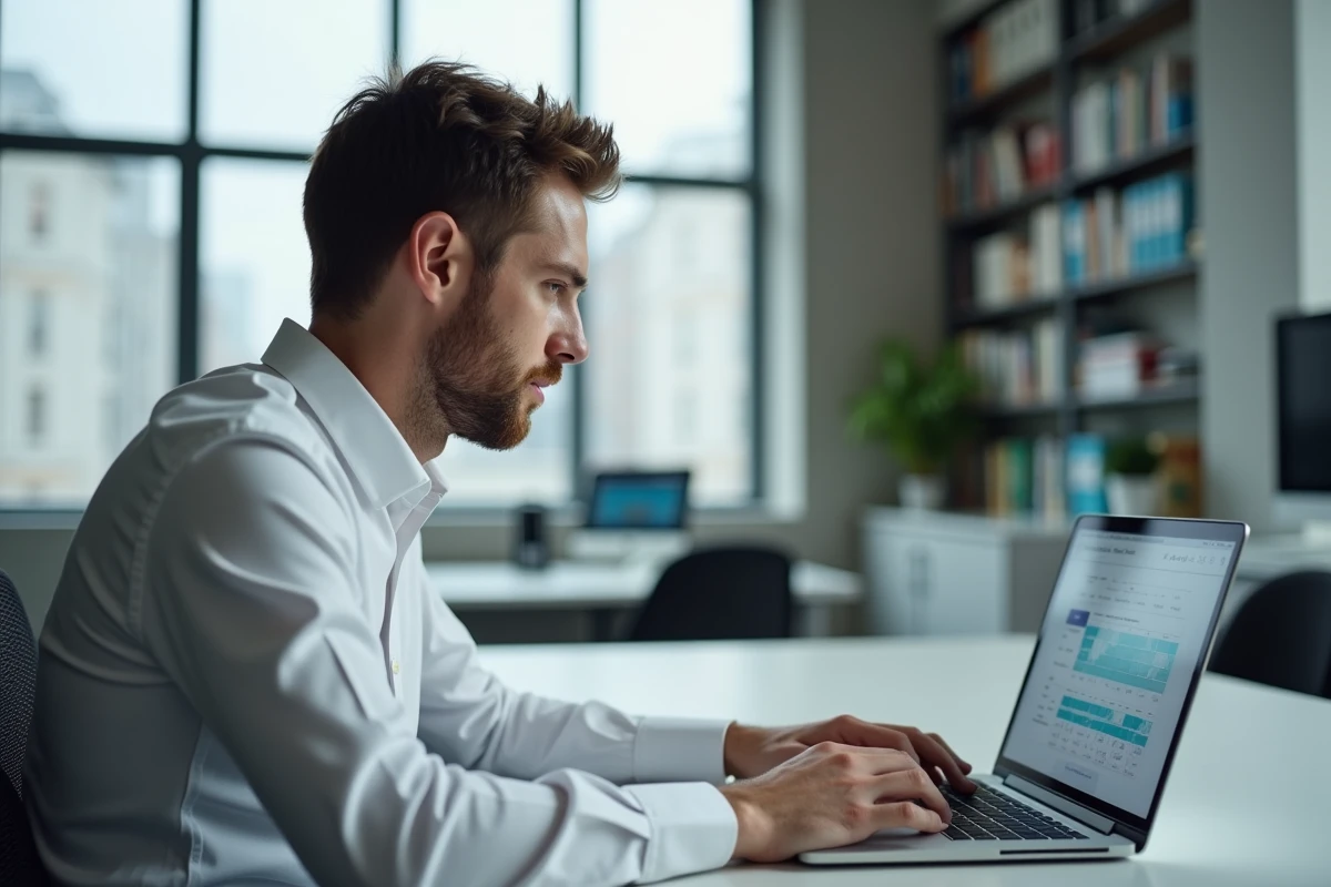 Homme configurant une alerte de disponibilité sur Doctolib depuis un ordinateur portable au bureau