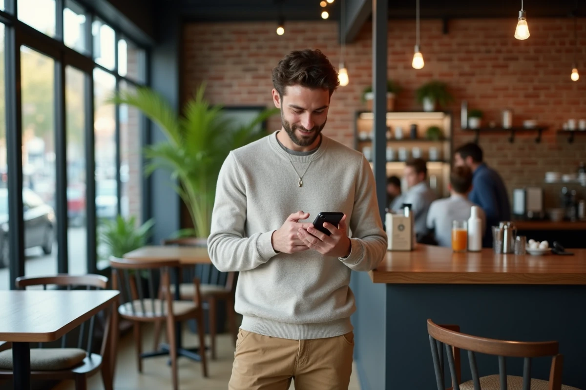 Homme au café utilisant son smartphone pour rechercher un nom