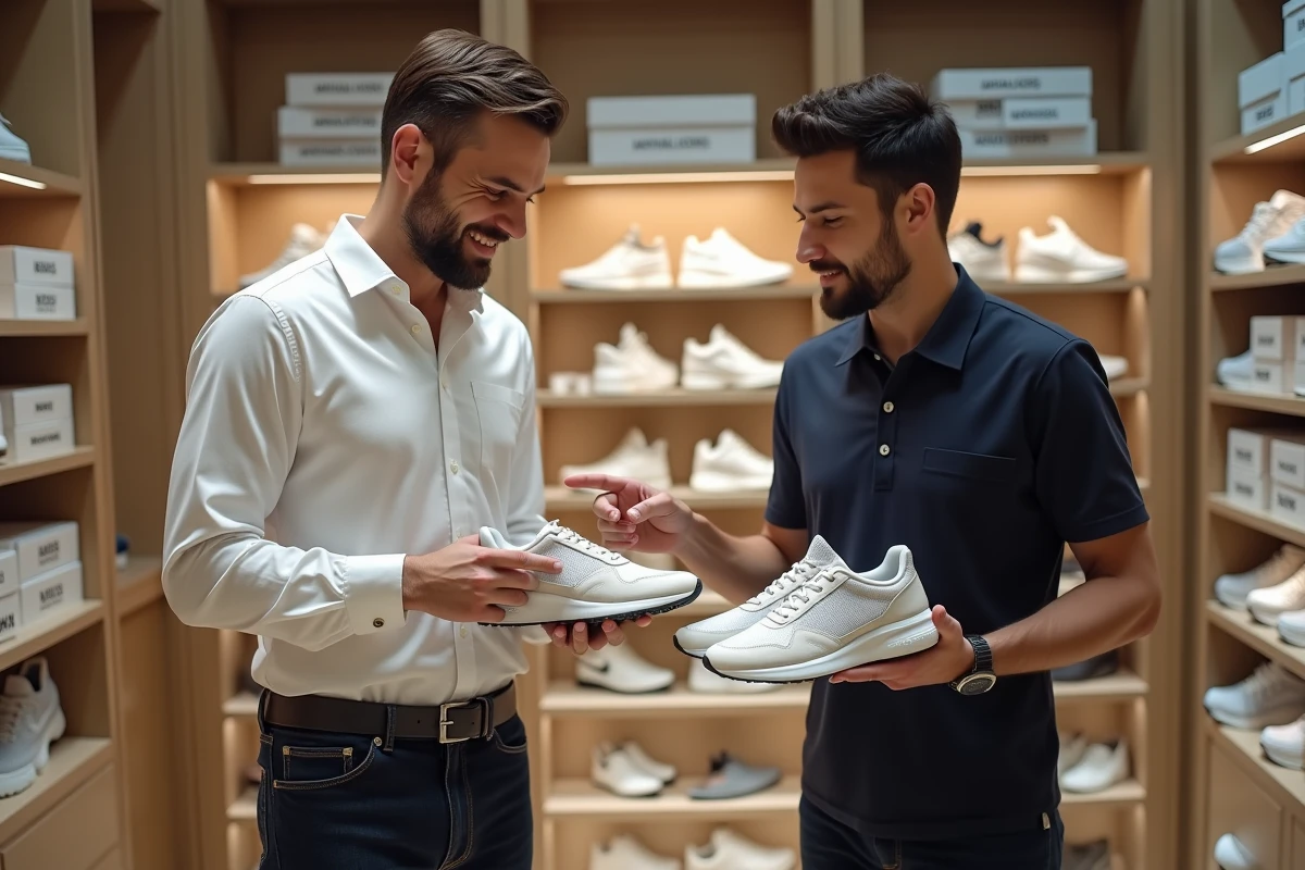 Homme comparant deux paires de sneakers Michael Kors avec l'aide d'un vendeur dans un grand magasin