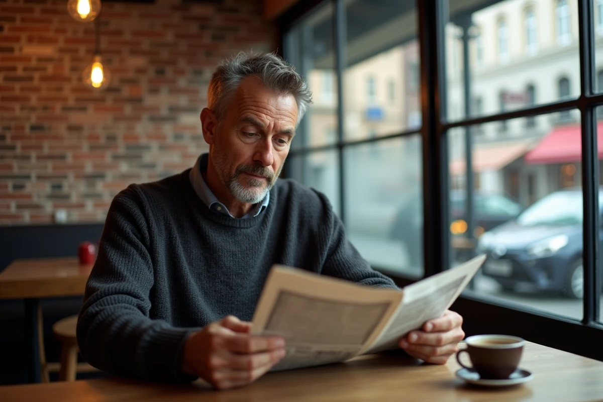 Homme lisant un journal dans un café urbain, illustrant la consommation d'informations hebdomadaires