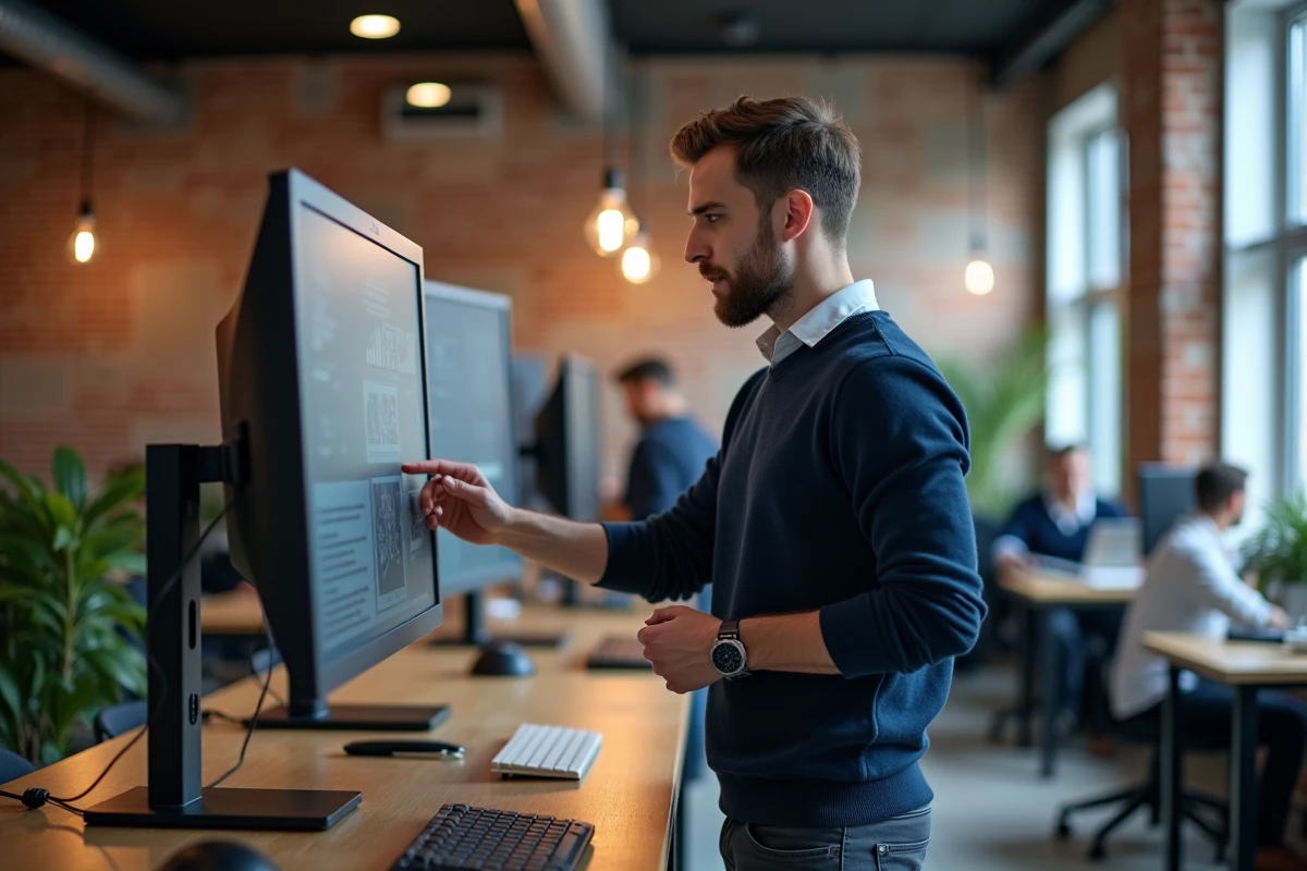 Homme consultant un site de recherche d'emploi dans un espace de coworking moderne et dynamique