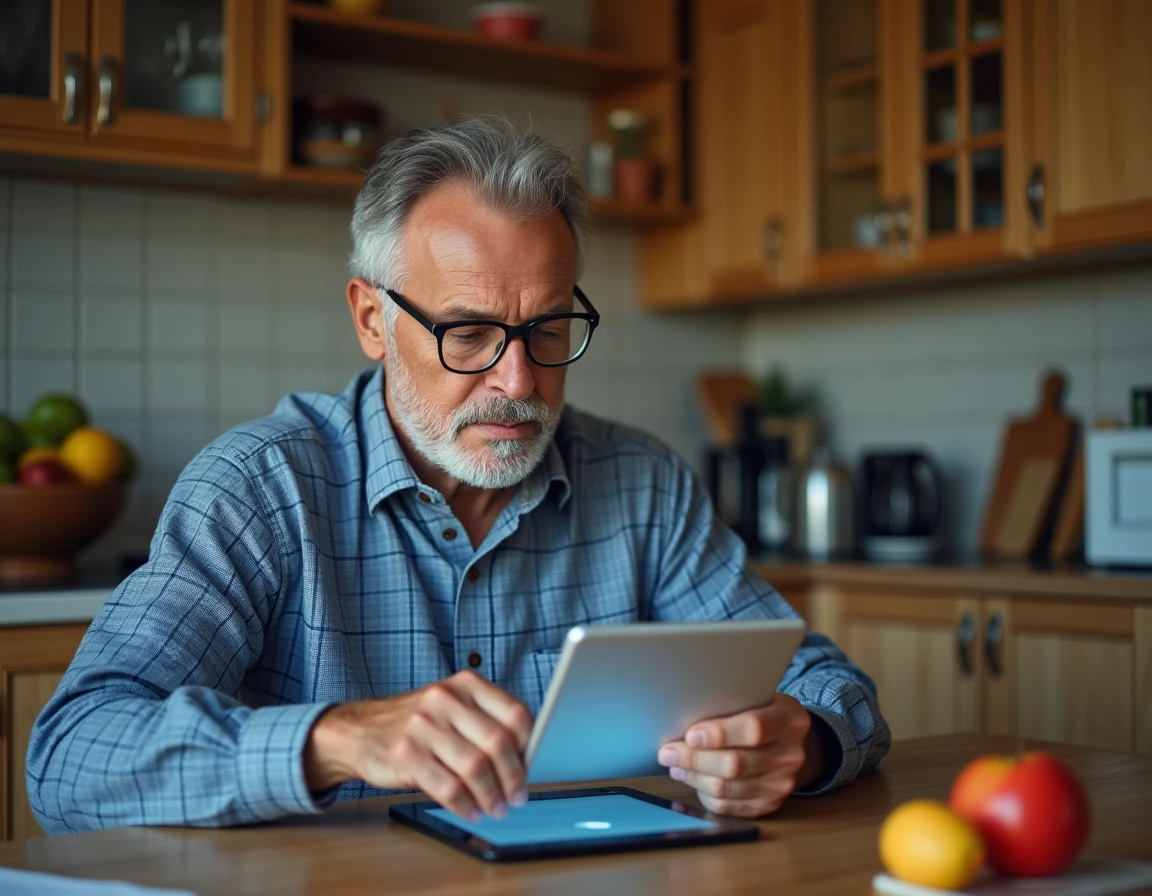 Homem idoso aprendendo a criar um endereço Gmail em um tablet na cozinha