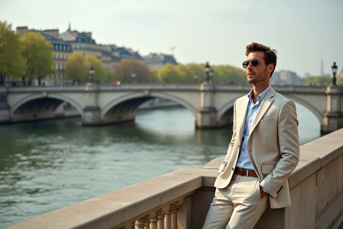 Jeune homme en costume lin à Paris