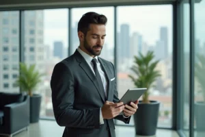 Homme d'affaires confiant en costume charbon consultant une tablette dans un bureau moderne avec vue sur la ville