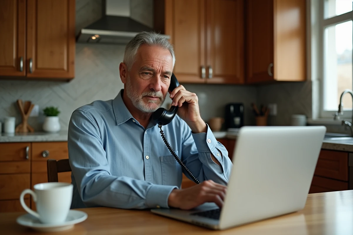 Homme d'une cinquantaine d'années contactant le support client de sa plateforme boursière par téléphone depuis sa cuisine