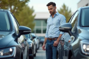 Homme examine une voiture dans une concession automobile