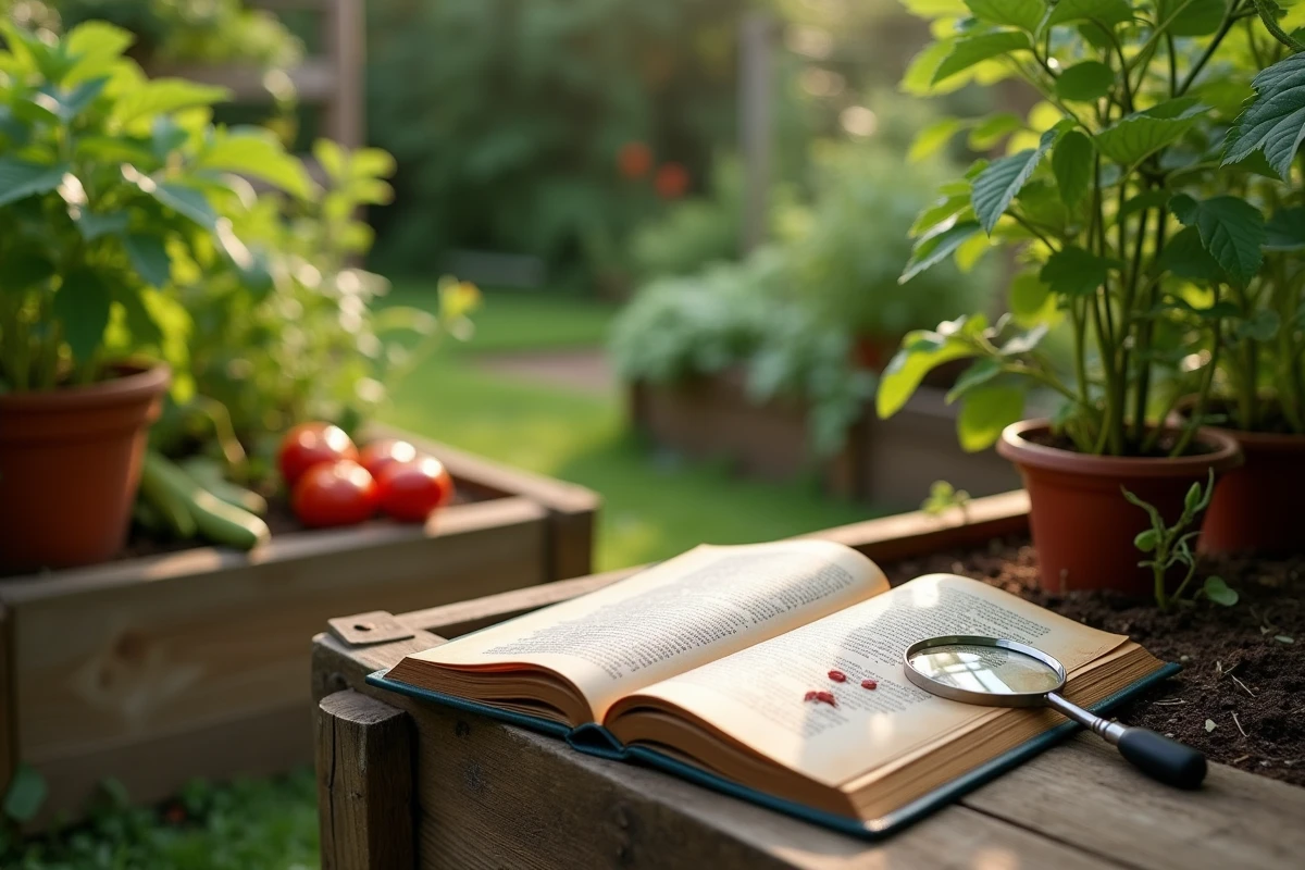 Jardin potager avec guide de jardinage ouvert sur les insectes rouges et loupe posée sur une planche en bois