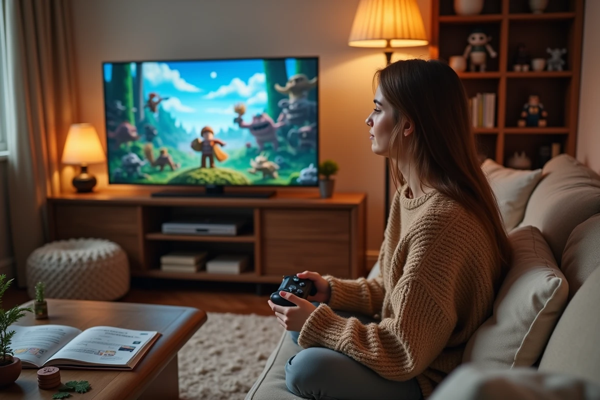 Jeune femme utilisant des cheat codes sur Lego Le Hobbit dans un salon confortable