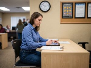 Jeune femme concentrée au centre de test de conduite
