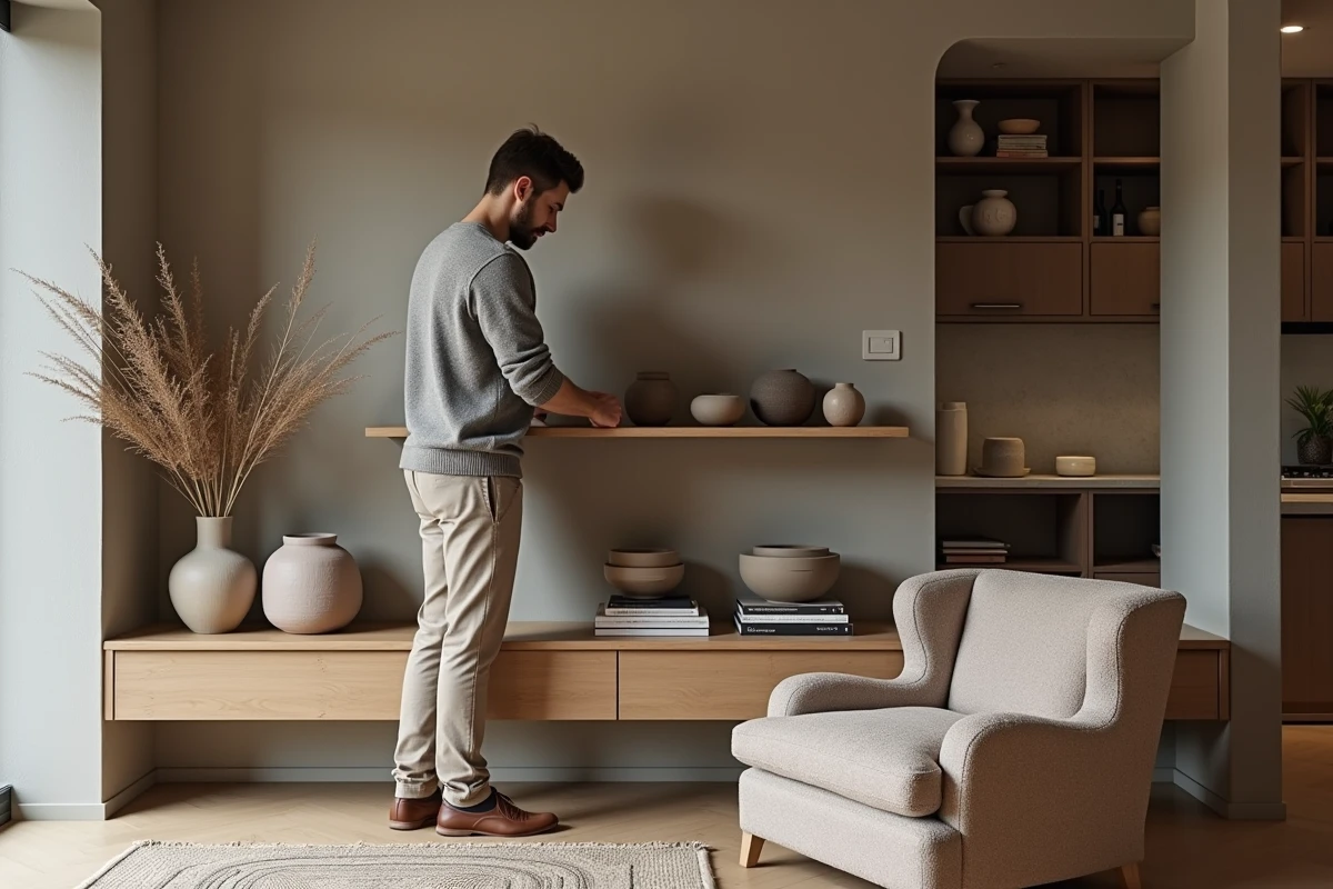 Jeune homme arrangeant des vases en bois dans un intérieur moderne