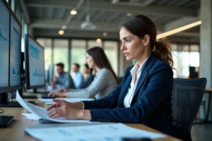 Journaliste femme analysant des informations dans une salle de rédaction moderne avec plusieurs écrans d'actualité