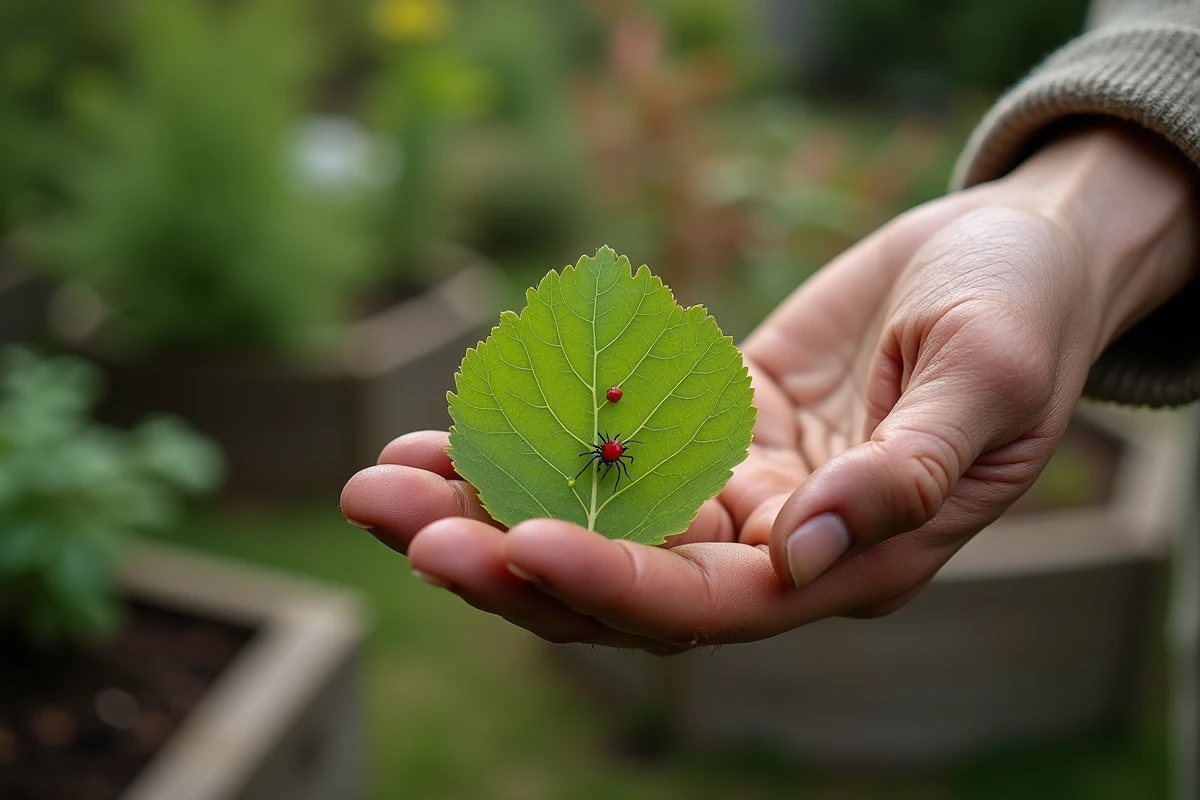 Main de jardinier tenant une feuille verte avec de petits acariens rouges visibles en dessous