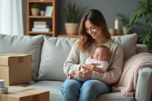 Maman souriante avec son bébé dans un salon chaleureux