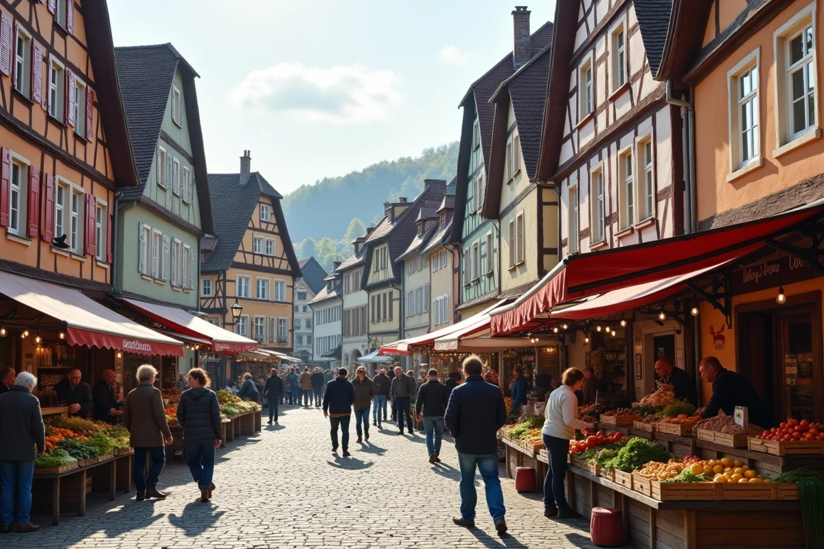 Marché local animé sur une place de village alsacien au bord du Rhin illustrant la vie communautaire d'une communauté de communes