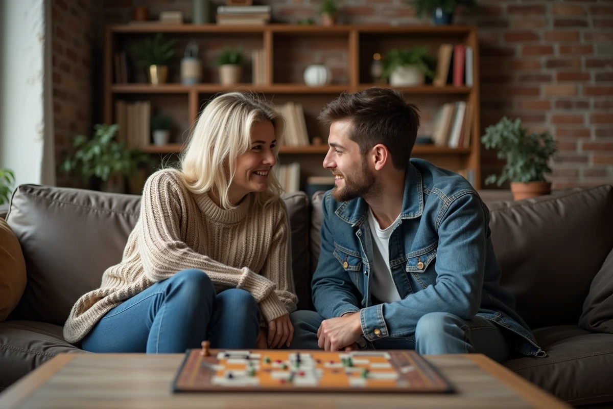 Mère et fils jouant à un jeu de société dans un salon confortable et authentique