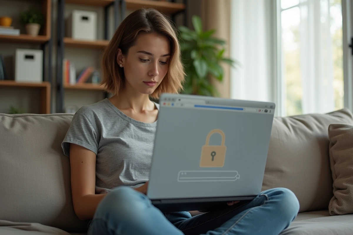 Jeune femme naviguant de façon sécurisée sur internet avec des extensions de confidentialité sur laptop