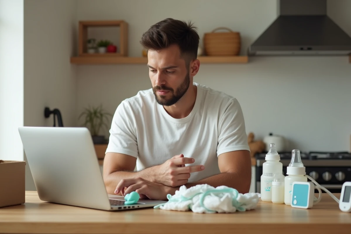 Papa regardant son ordinateur avec produits pour bebe