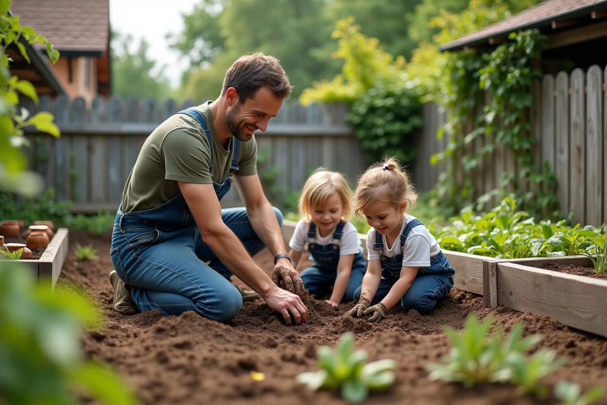 Père et enfants qui jardinent ensemble dans un potager familial lors d'un week-end