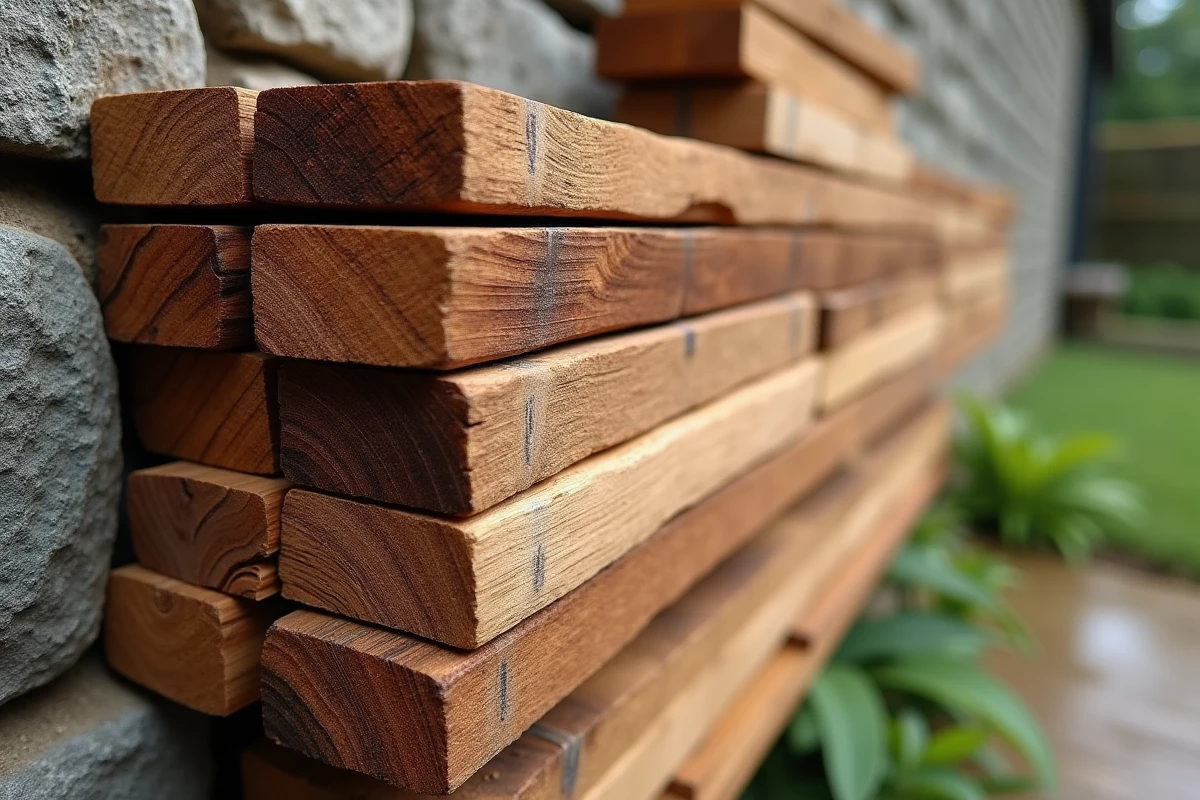Empilage de planches de bois imputrescibles comme le teck, l'iroko et le cumaru contre un mur en pierre