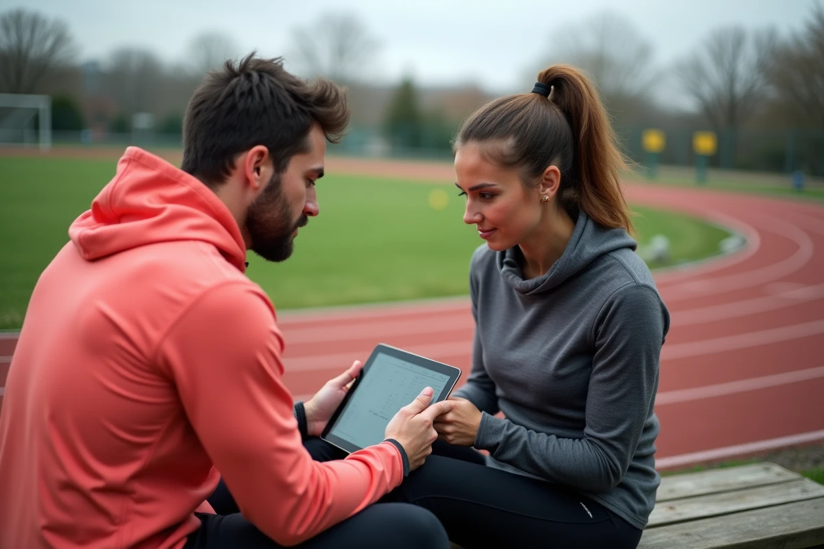 Deux sportifs consultant un plan d'entraînement sur tablette près d'une piste d'athlétisme, alliant préparation aérobie et anaérobie