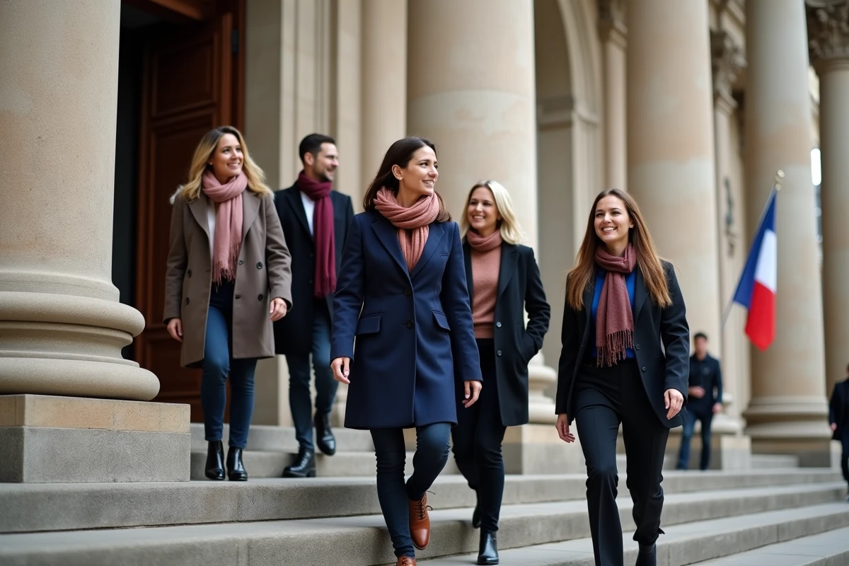 Groupe de professionnels montant des escaliers devant un bâtiment historique