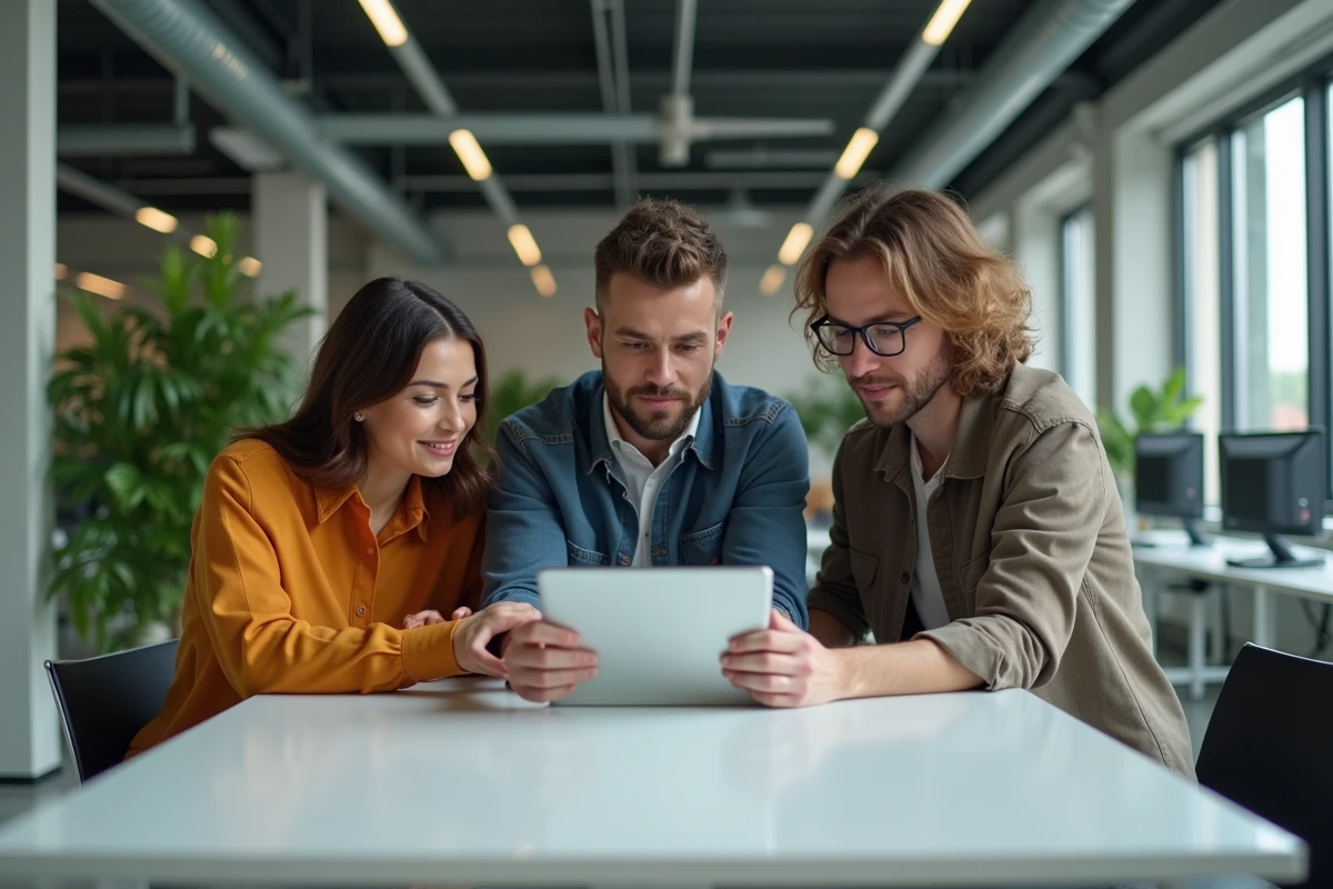 Groupe de professionnels discutant des actualités de la semaine autour d'une tablette dans un espace de co-working