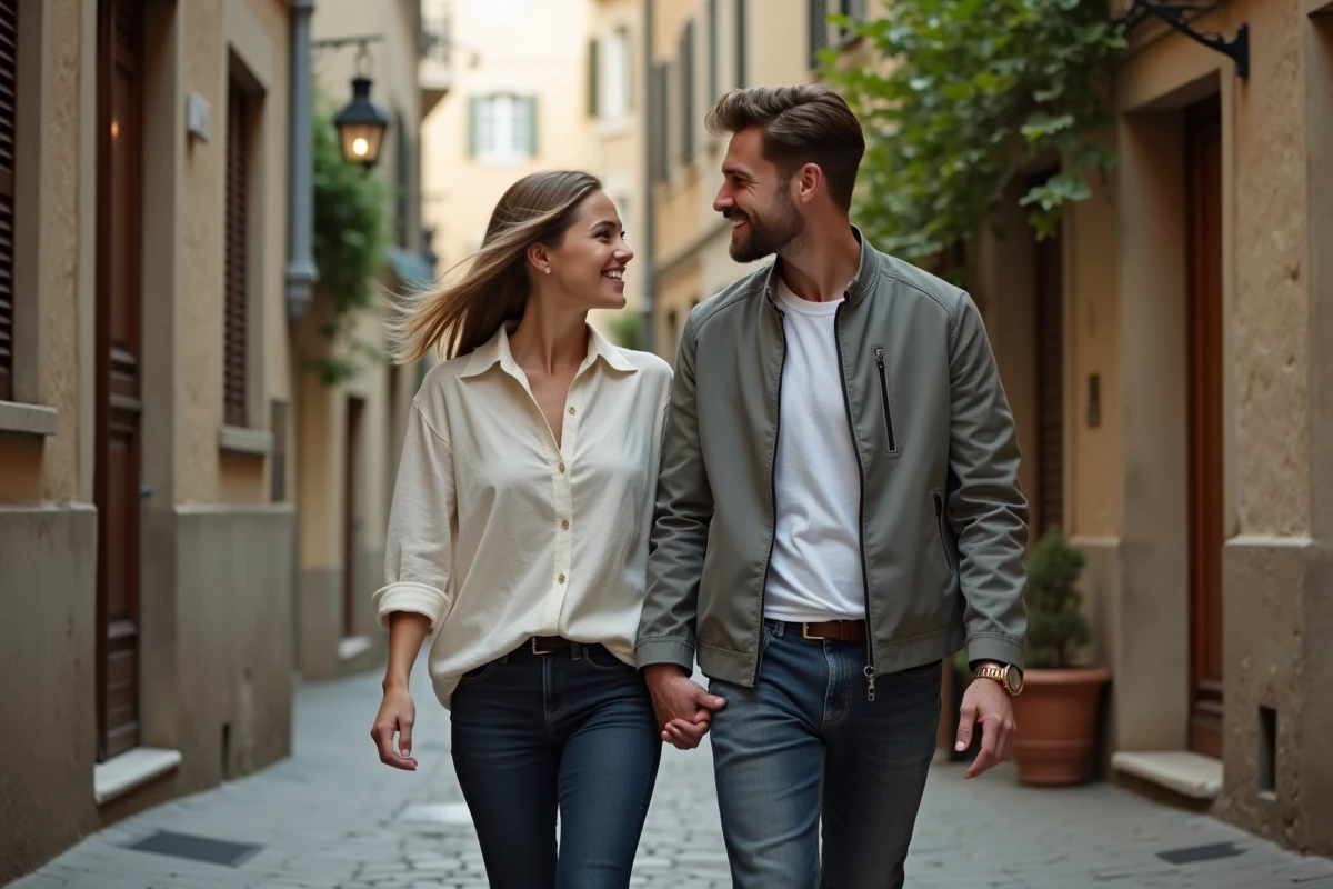 Jeune couple se promenant main dans la main dans une ruelle pavée européenne, symbolisant une relation épanouie en dehors du monde du sport moto