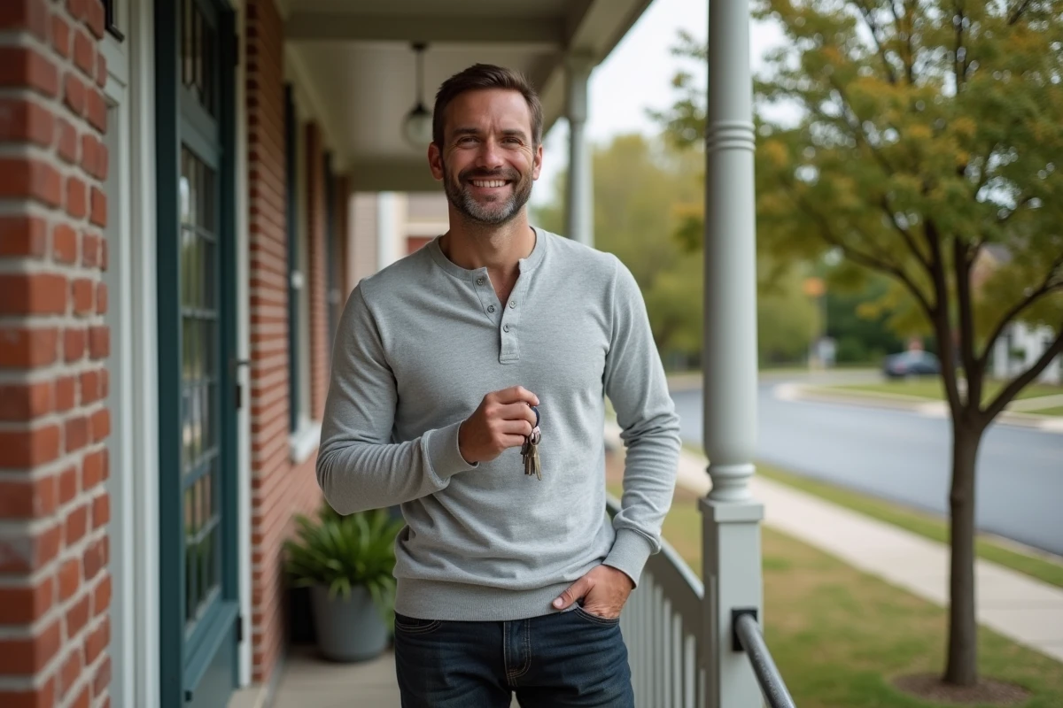 Homme tenant des clés devant sa nouvelle maison avec panneau vendu visible, symbolisant la réussite d'un projet immobilier