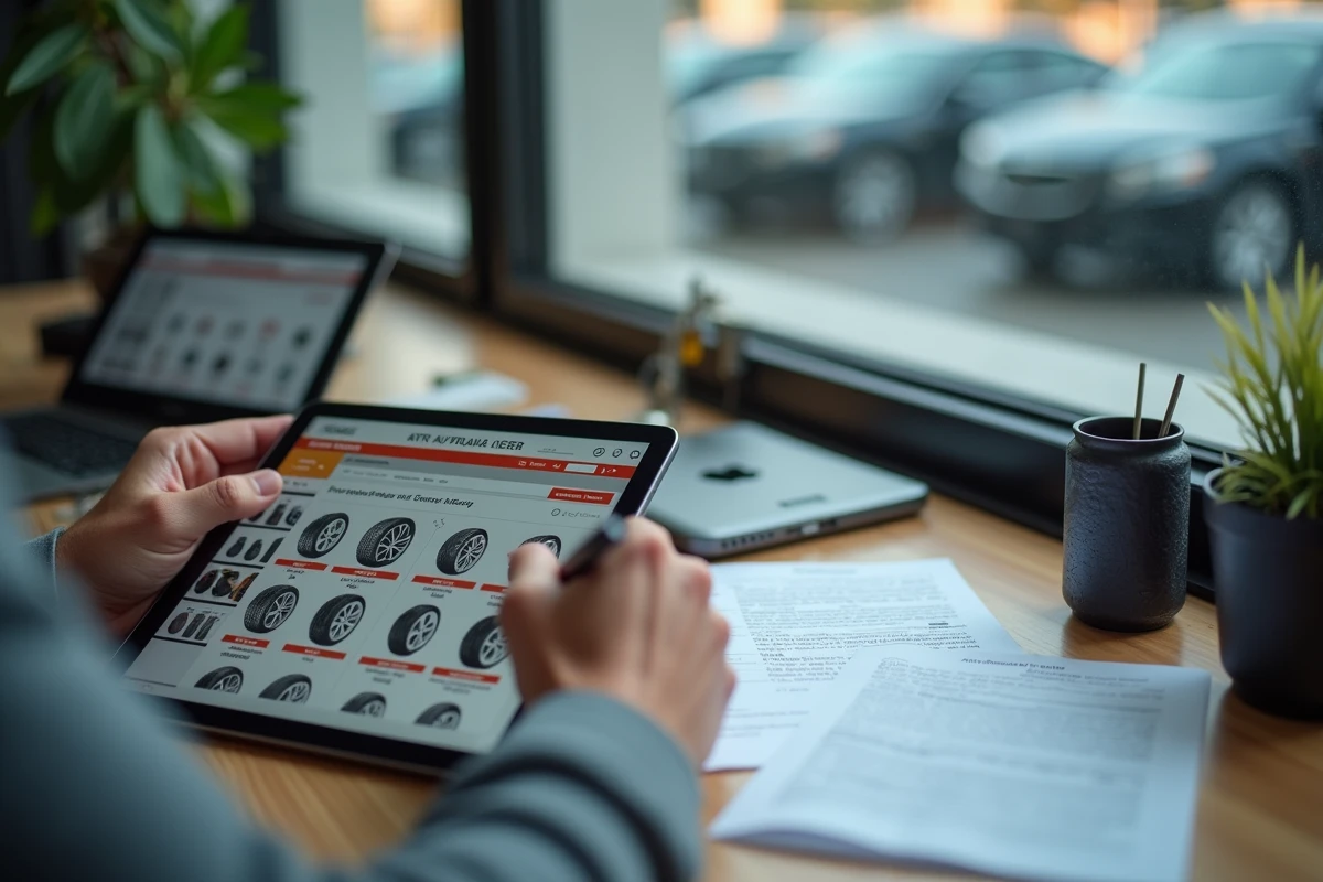 Un particulier consulte un catalogue de pneus en ligne sur une tablette pour comparer les offres Maxityre
