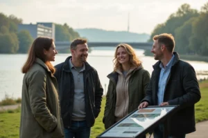 Groupe de résidents discutant près des bords du Rhin devant un panneau d'information d'une communauté de communes