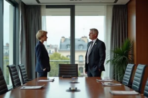 Homme et femme en costume d'affaires dans une salle de réunion à Paris