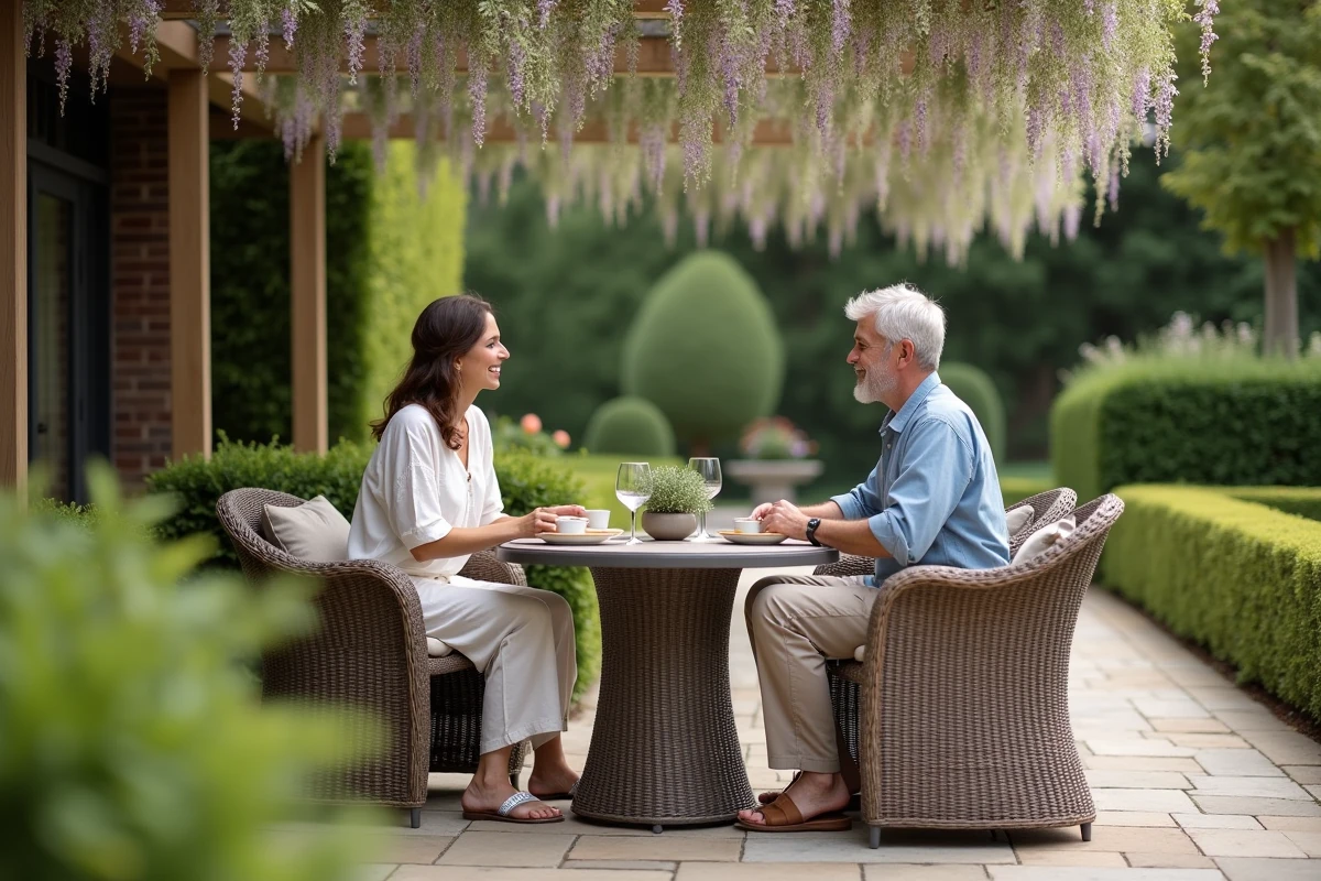 Couple installé dans des fauteuils en rotin autour d'une table de jardin sous une pergola fleurie