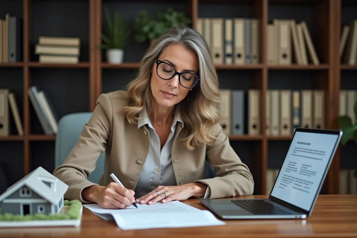 Femme signant un contrat immobilier à son bureau avec un modèle architectural et des documents de transaction