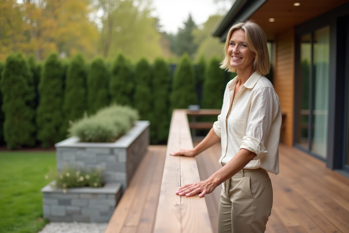 Femme sur une terrasse en bois imputrescible d'ipé dans un jardin moderne