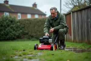 Homme pausant avec une tondeuse à gazon sur une pelouse mouillée après la pluie dans un jardin suburbain