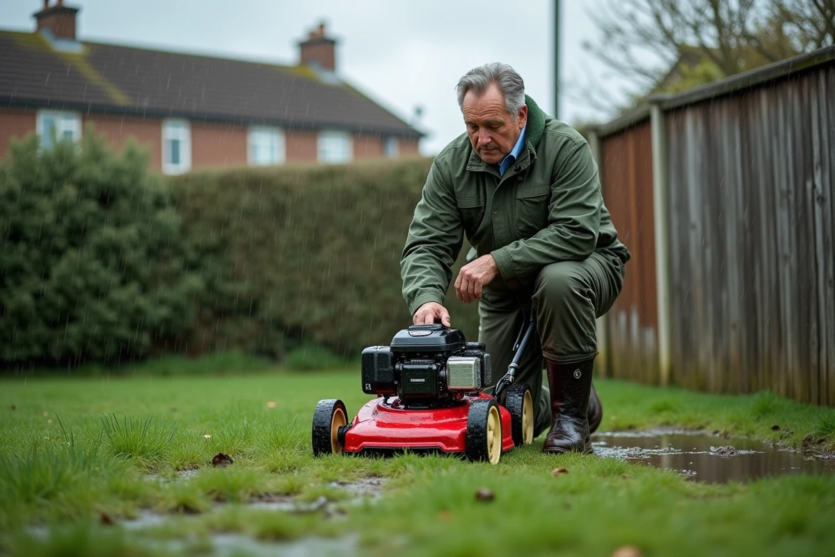 Homme pausant avec une tondeuse à gazon sur une pelouse mouillée après la pluie dans un jardin suburbain
