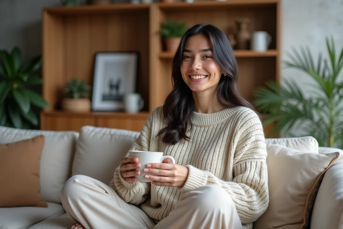 Jeune femme souriante dans un appartement moderne et chaleureux, évoquant la vie privée et intime de la compagne d'un pilote de MotoGP