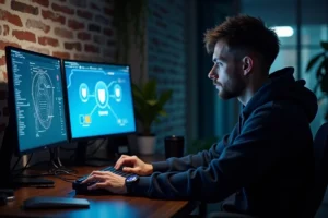 Homme en sweat sombre utilisant un VPN sur ordinateur pour naviguer anonymement sur internet